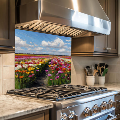 Colorful Tulip Field Kitchen Backsplash – Dutch Spring Landscape Tempered Glass Stove Splashback