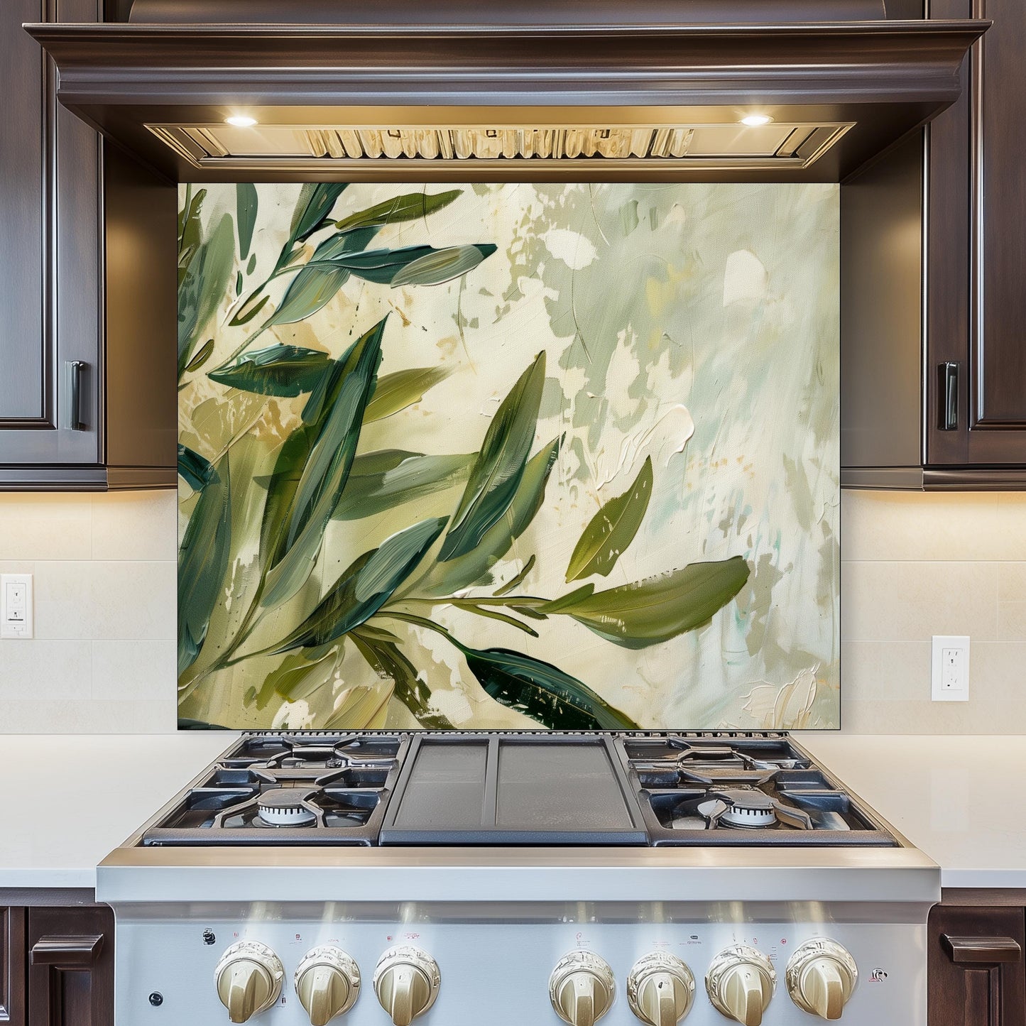 Olive Branch Kitchen Backsplash – Mediterranean Tempered Glass Splashback with Green Olive Leaves Design