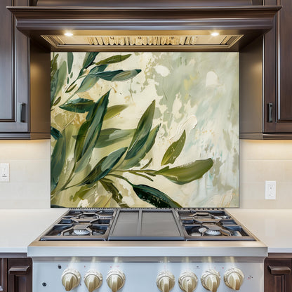 Olive Branch Kitchen Backsplash – Mediterranean Tempered Glass Splashback with Green Olive Leaves Design