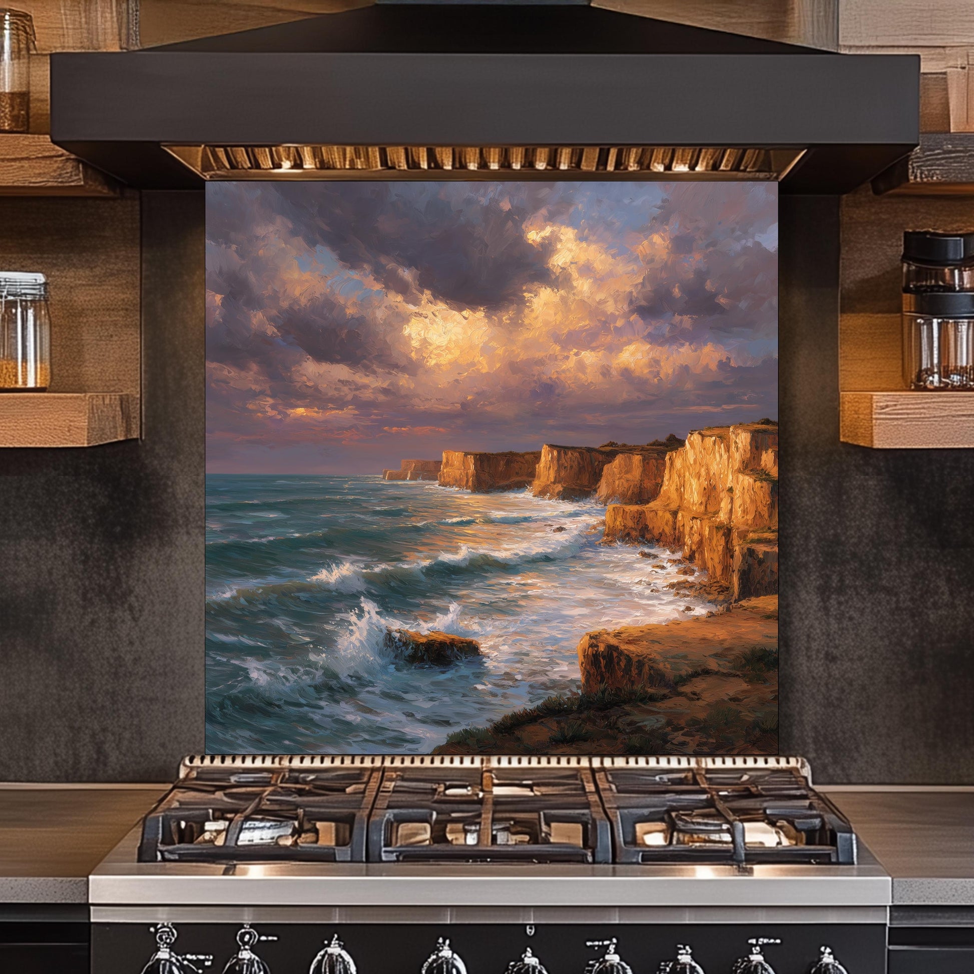 Ocean Cliff Sunset Backsplash - Tempered Glass Kitchen Splashback, Coastal Stove Wall Protector, Seascape Glass Panel for Kitchen