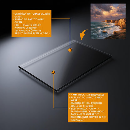 Ocean Cliff Sunset Backsplash - Tempered Glass Kitchen Splashback, Coastal Stove Wall Protector, Seascape Glass Panel for Kitchen