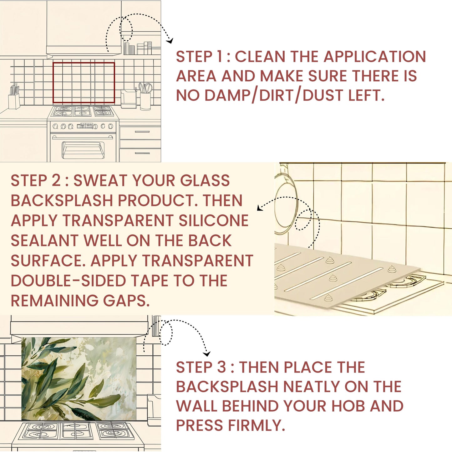 Olive Branch Kitchen Backsplash – Mediterranean Tempered Glass Splashback with Green Olive Leaves Design