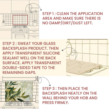 Olive Branch Kitchen Backsplash – Mediterranean Tempered Glass Splashback with Green Olive Leaves Design