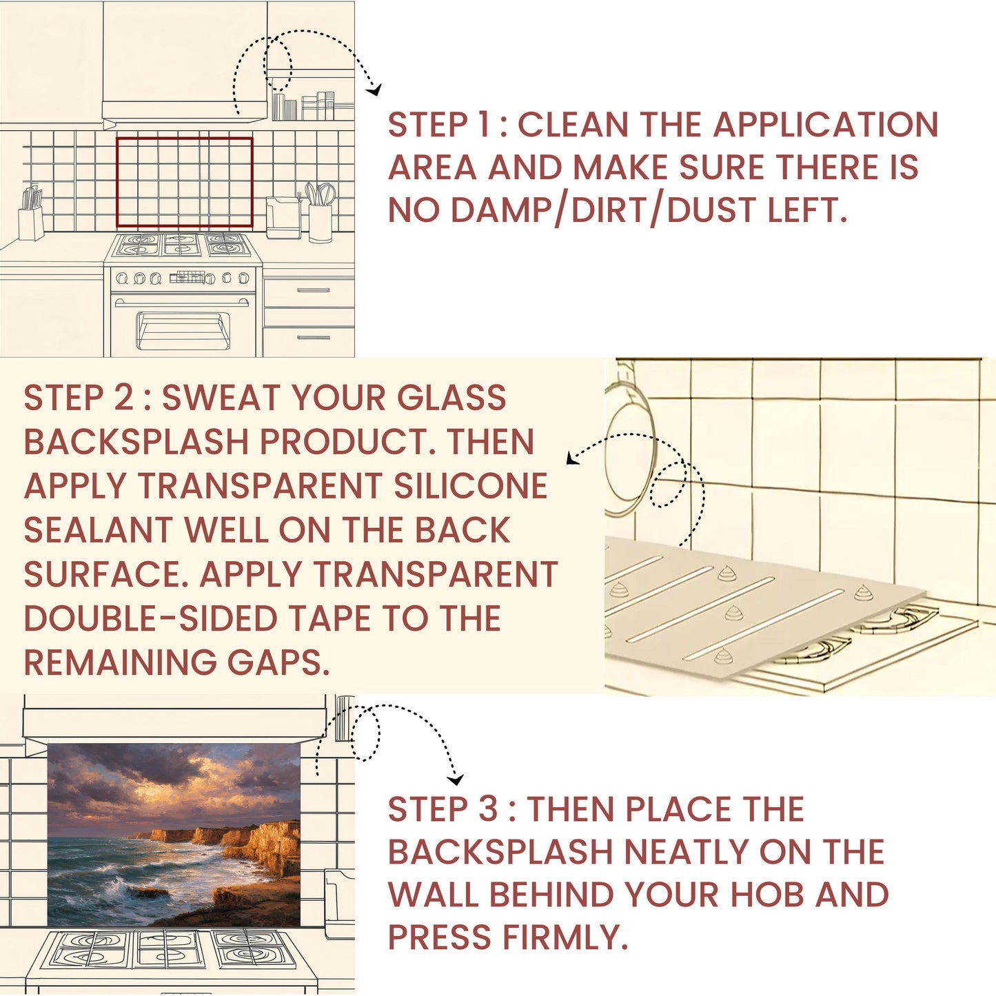 Ocean Cliff Sunset Backsplash - Tempered Glass Kitchen Splashback, Coastal Stove Wall Protector, Seascape Glass Panel for Kitchen