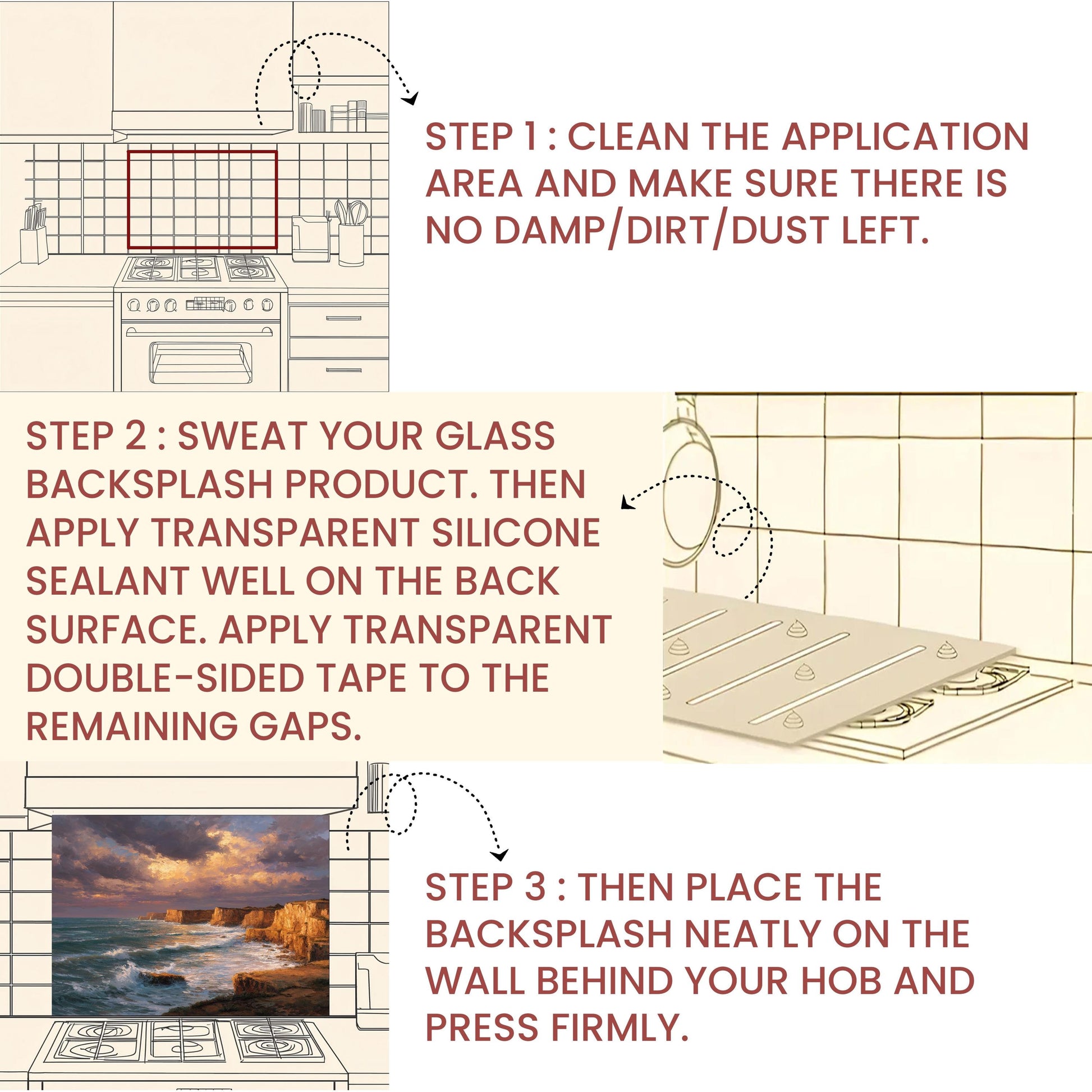 Ocean Cliff Sunset Backsplash - Tempered Glass Kitchen Splashback, Coastal Stove Wall Protector, Seascape Glass Panel for Kitchen