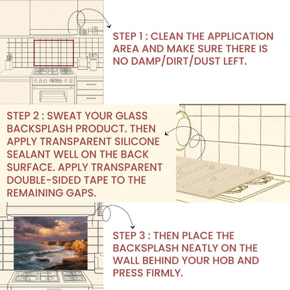 Ocean Cliff Sunset Backsplash - Tempered Glass Kitchen Splashback, Coastal Stove Wall Protector, Seascape Glass Panel for Kitchen