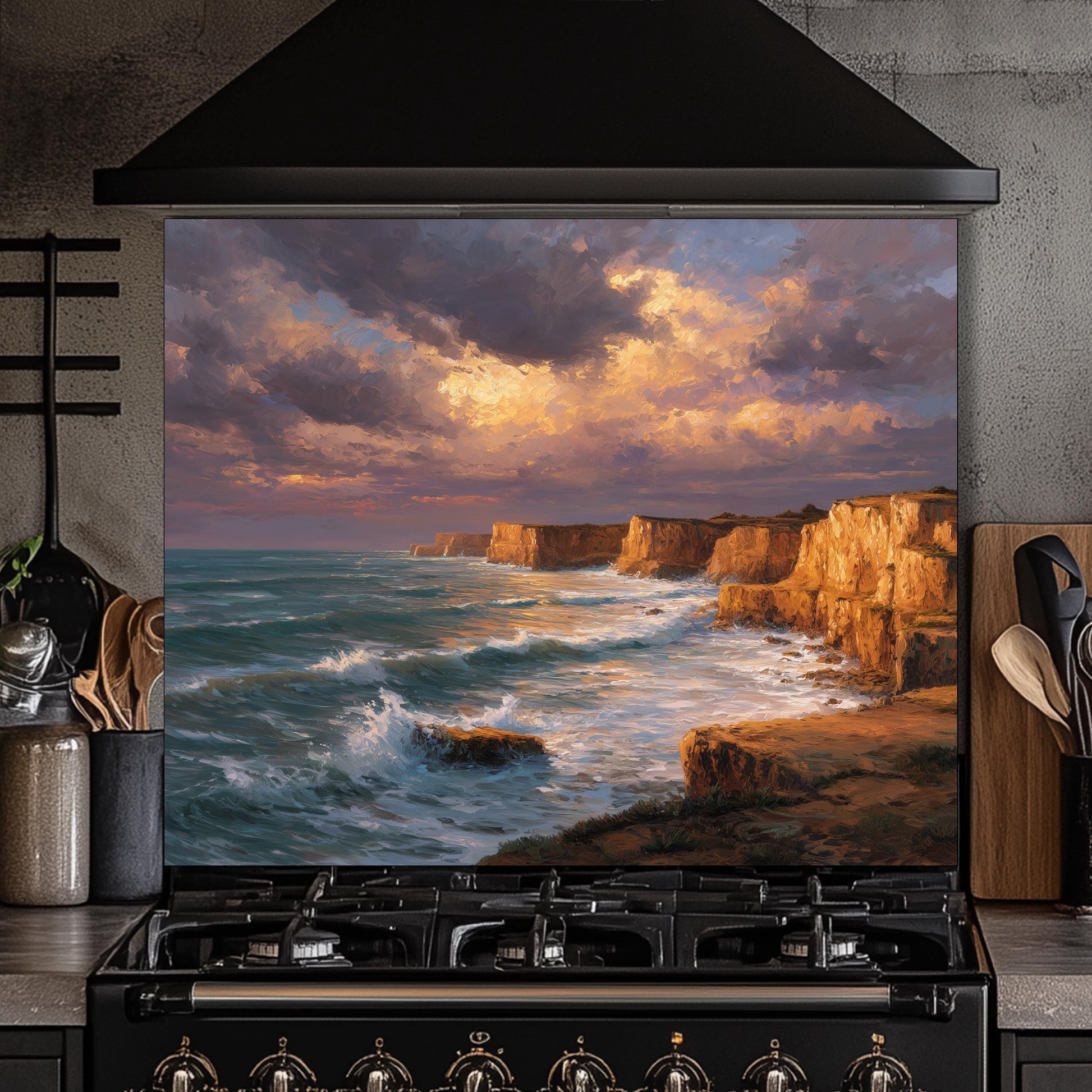 Ocean Cliff Sunset Backsplash - Tempered Glass Kitchen Splashback, Coastal Stove Wall Protector, Seascape Glass Panel for Kitchen
