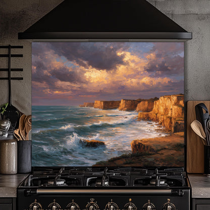 Ocean Cliff Sunset Backsplash - Tempered Glass Kitchen Splashback, Coastal Stove Wall Protector, Seascape Glass Panel for Kitchen