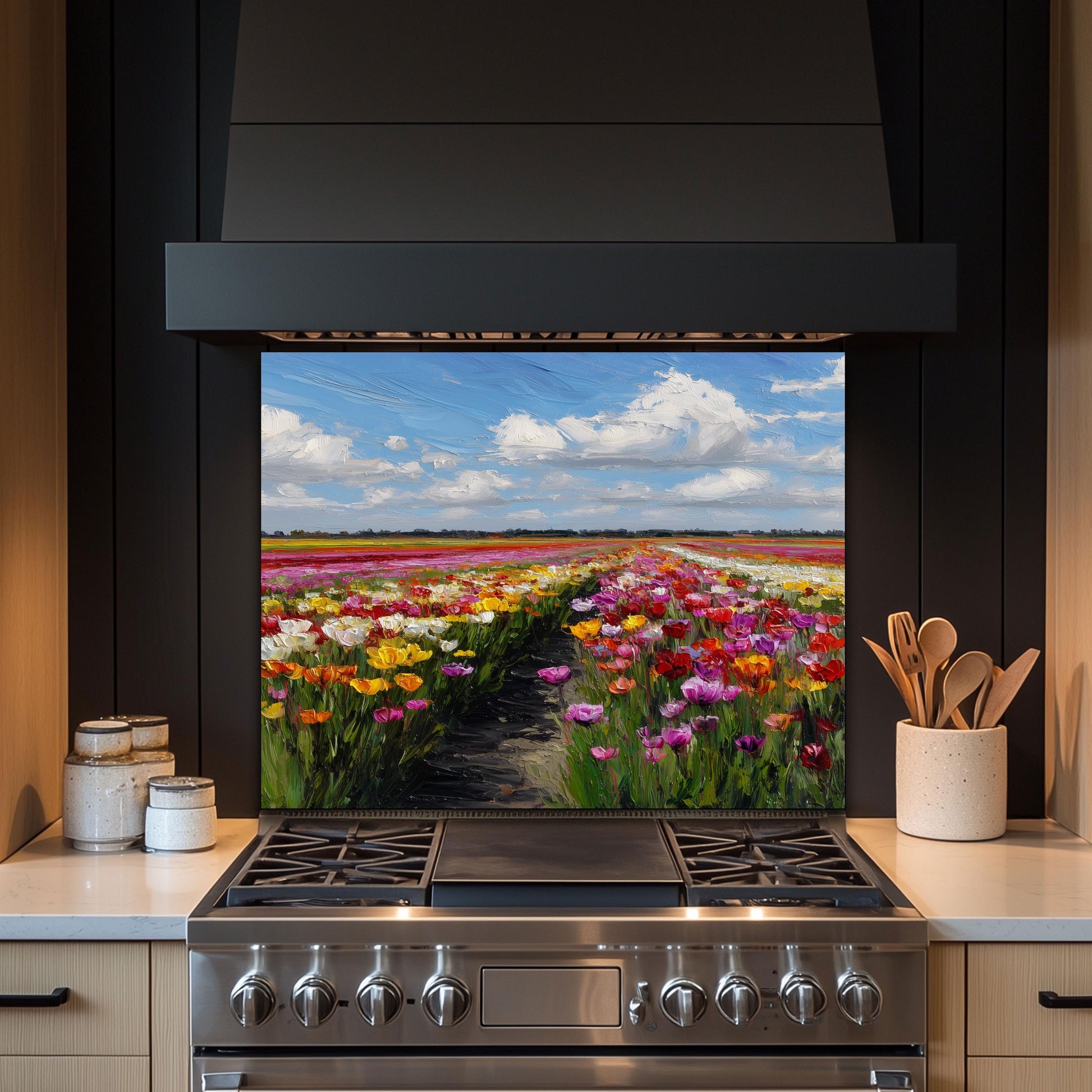 Colorful Tulip Field Kitchen Backsplash – Dutch Spring Landscape Tempered Glass Stove Splashback