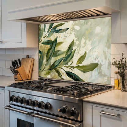 Olive Branch Kitchen Backsplash – Mediterranean Tempered Glass Splashback with Green Olive Leaves Design