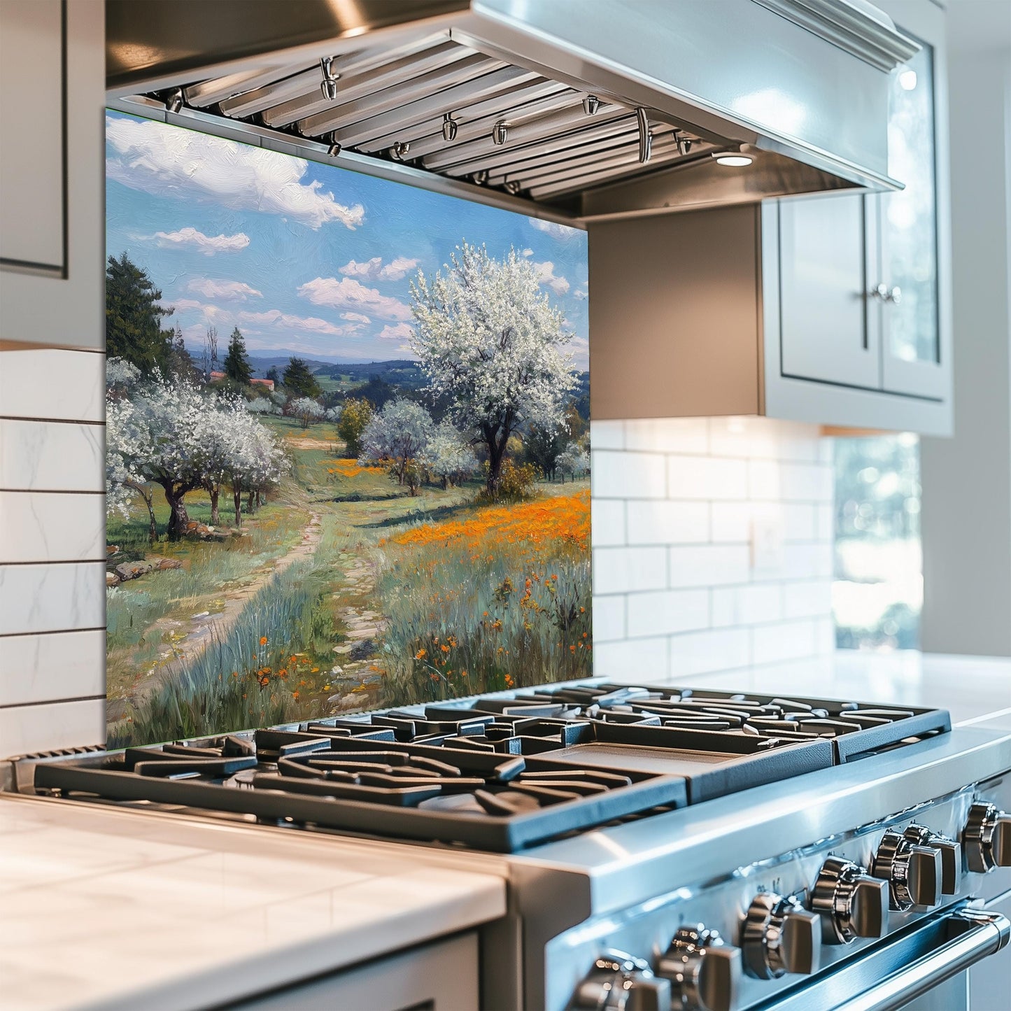 Spring Meadow Wildflower Kitchen Backsplash, UV Printed Tempered Glass Art, Custom Size Design