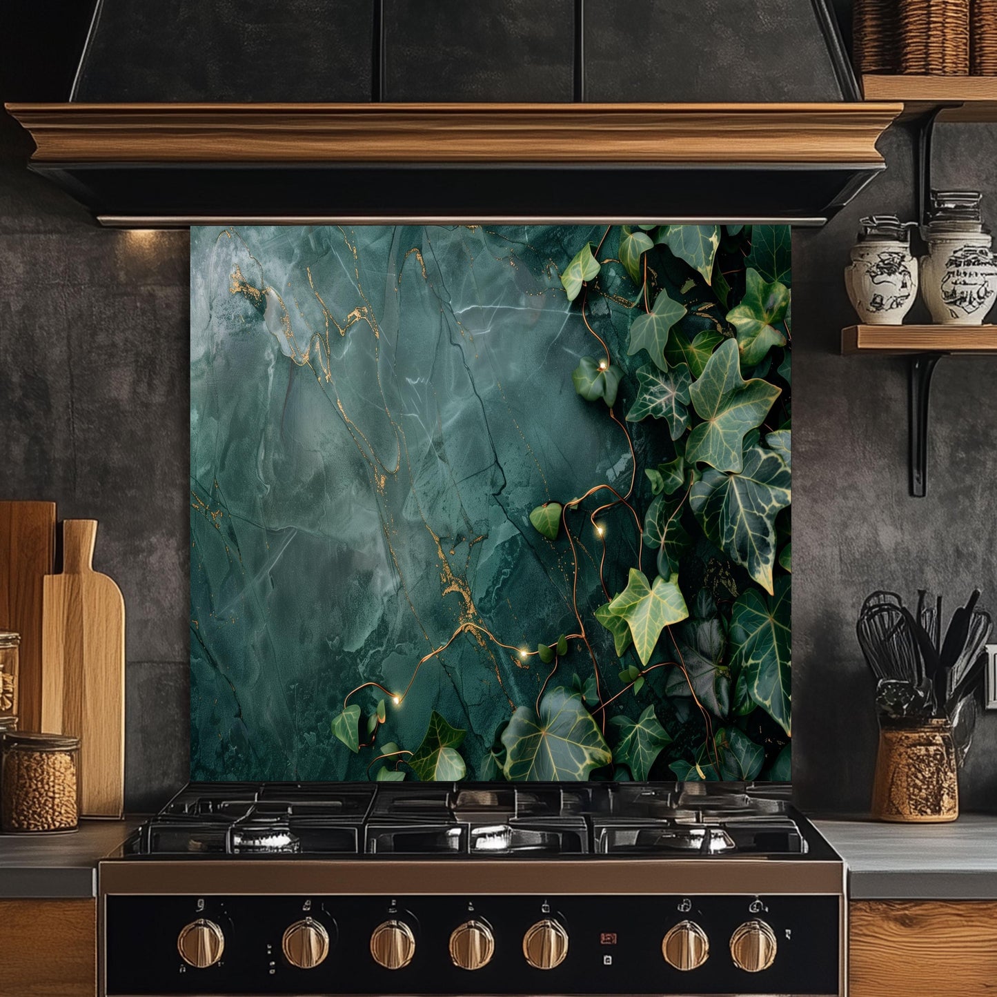 Emerald Green Marble ,Ivy Kitchen Backsplash – Tempered Glass Splashback with Gold Veins , Botanical Design