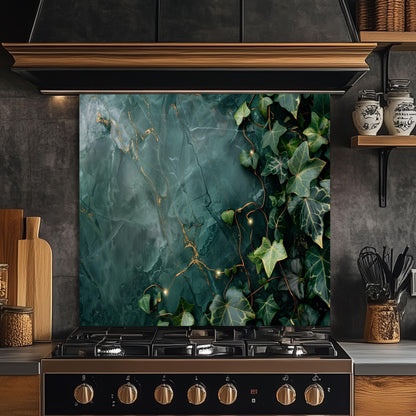 Emerald Green Marble ,Ivy Kitchen Backsplash – Tempered Glass Splashback with Gold Veins , Botanical Design