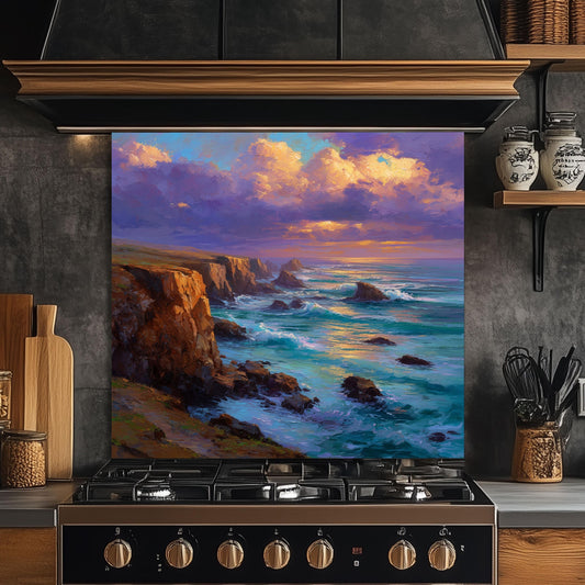 Coastal Sunset Ocean Wave Kitchen Backsplash, UV Printed Tempered Glass, Custom Size Design