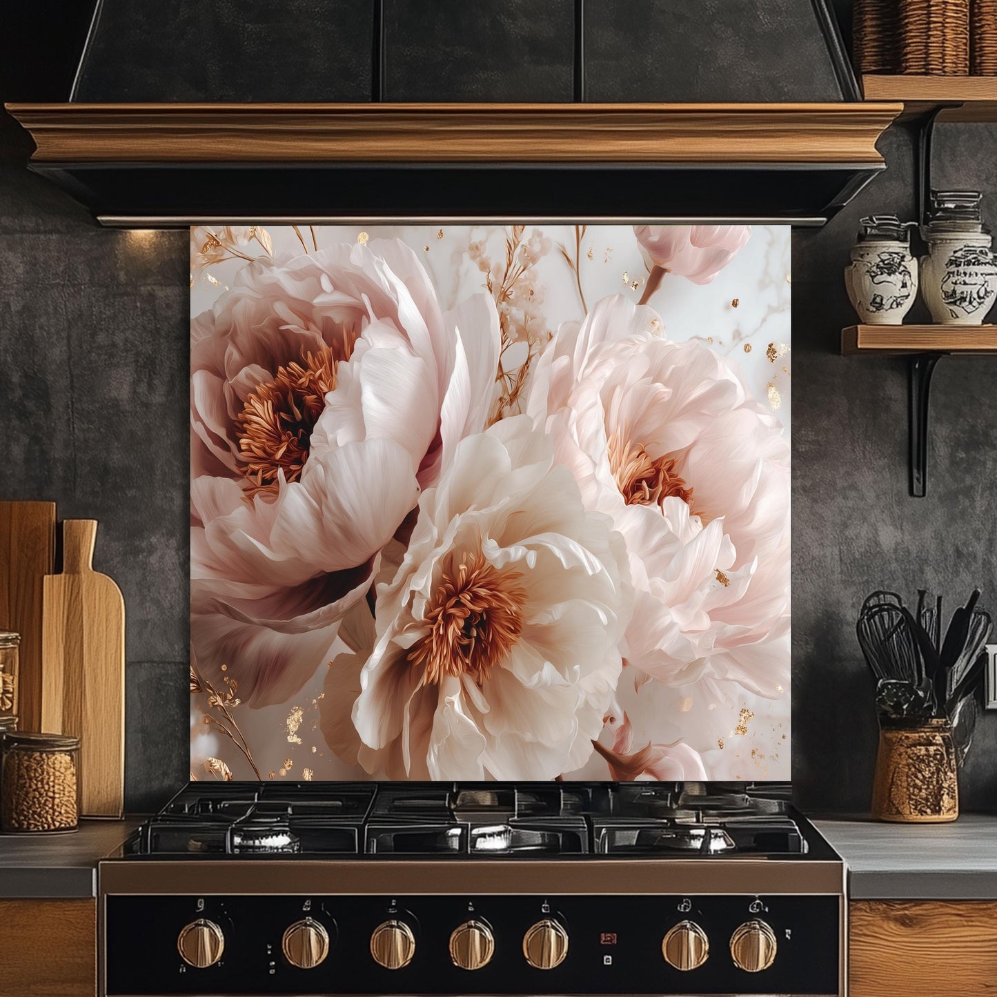 White Peony Floral Kitchen Backsplash, UV Printed Tempered Glass Art, Custom Size Design