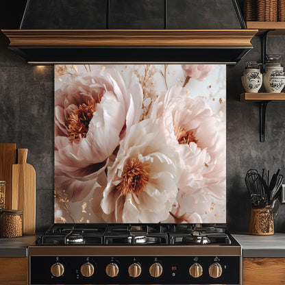 White Peony Floral Kitchen Backsplash, UV Printed Tempered Glass Art, Custom Size Design