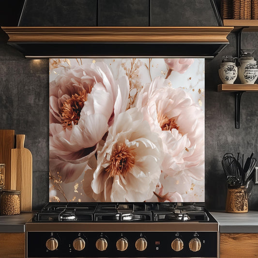 White Peony Floral Kitchen Backsplash, UV Printed Tempered Glass Art, Custom Size Design