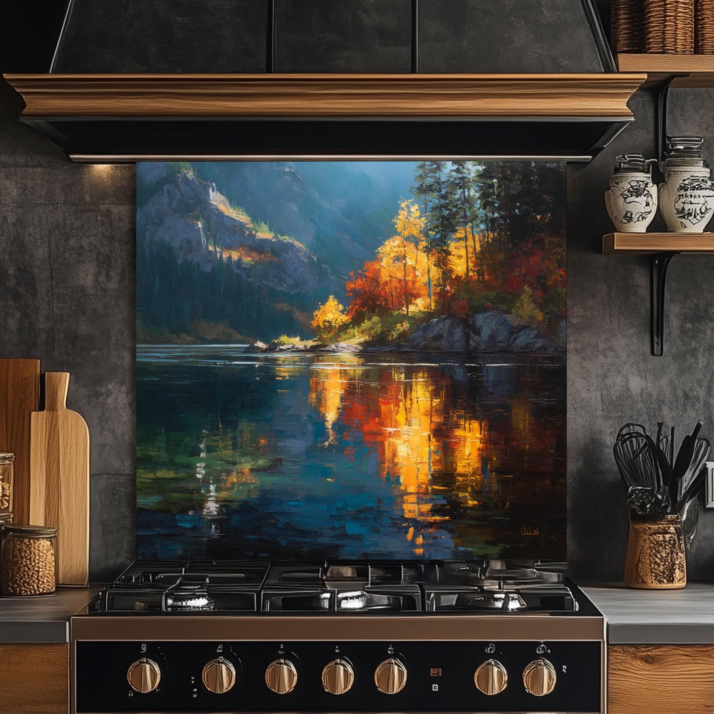 Autumn Lake Reflection Tempered Glass Backsplash - Colorful Forest Stove Panel