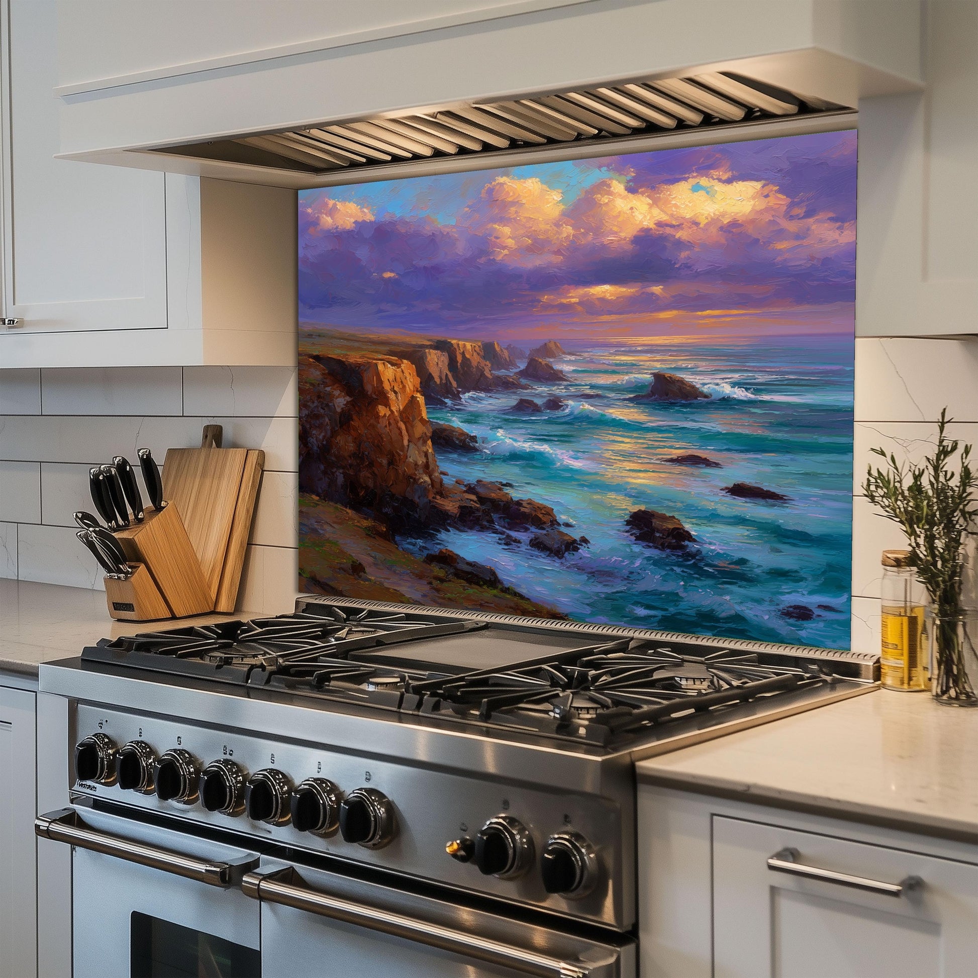 Coastal Sunset Ocean Wave Kitchen Backsplash, UV Printed Tempered Glass, Custom Size Design