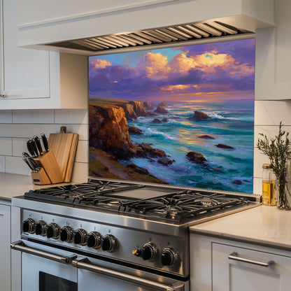 Coastal Sunset Ocean Wave Kitchen Backsplash, UV Printed Tempered Glass, Custom Size Design