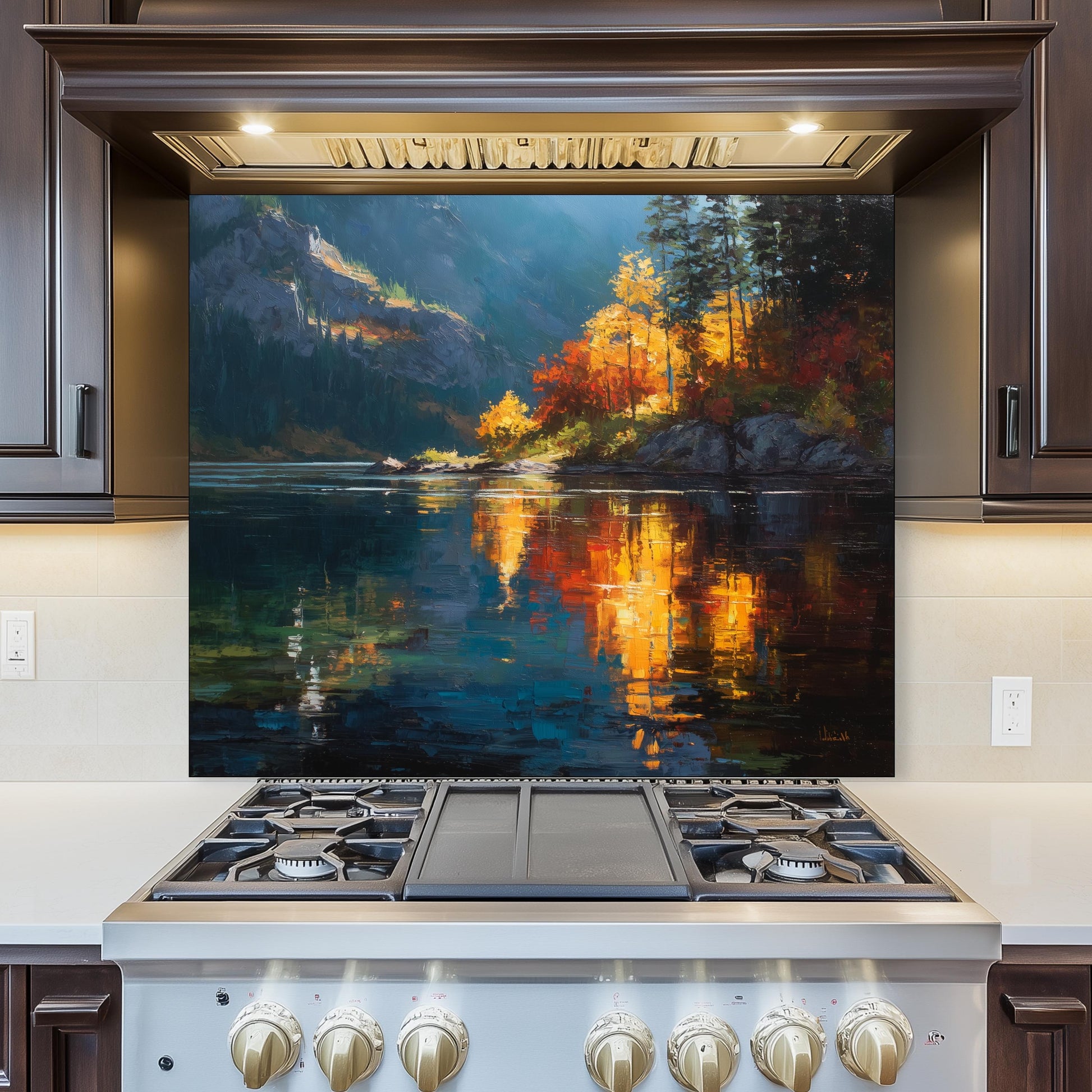 Autumn Lake Reflection Tempered Glass Backsplash - Colorful Forest Stove Panel