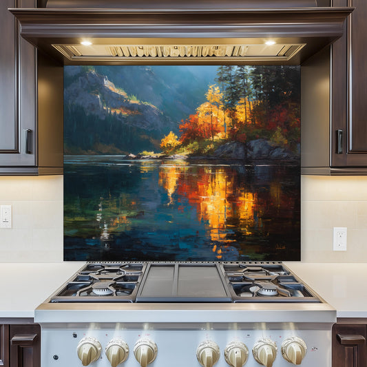 Autumn Lake Reflection Tempered Glass Backsplash - Colorful Forest Stove Panel