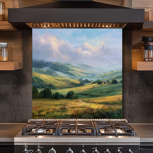Rolling Green Hills Backsplash, Tempered Glass Kitchen Wall Art, Countryside Landscape Design