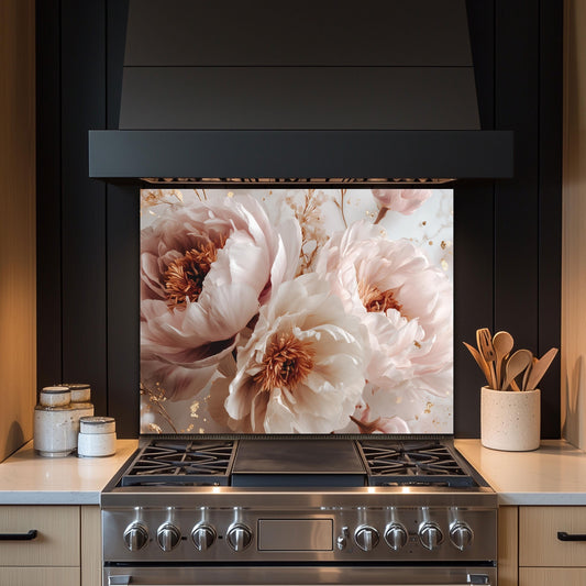 White Peony Floral Kitchen Backsplash, UV Printed Tempered Glass Art, Custom Size Design
