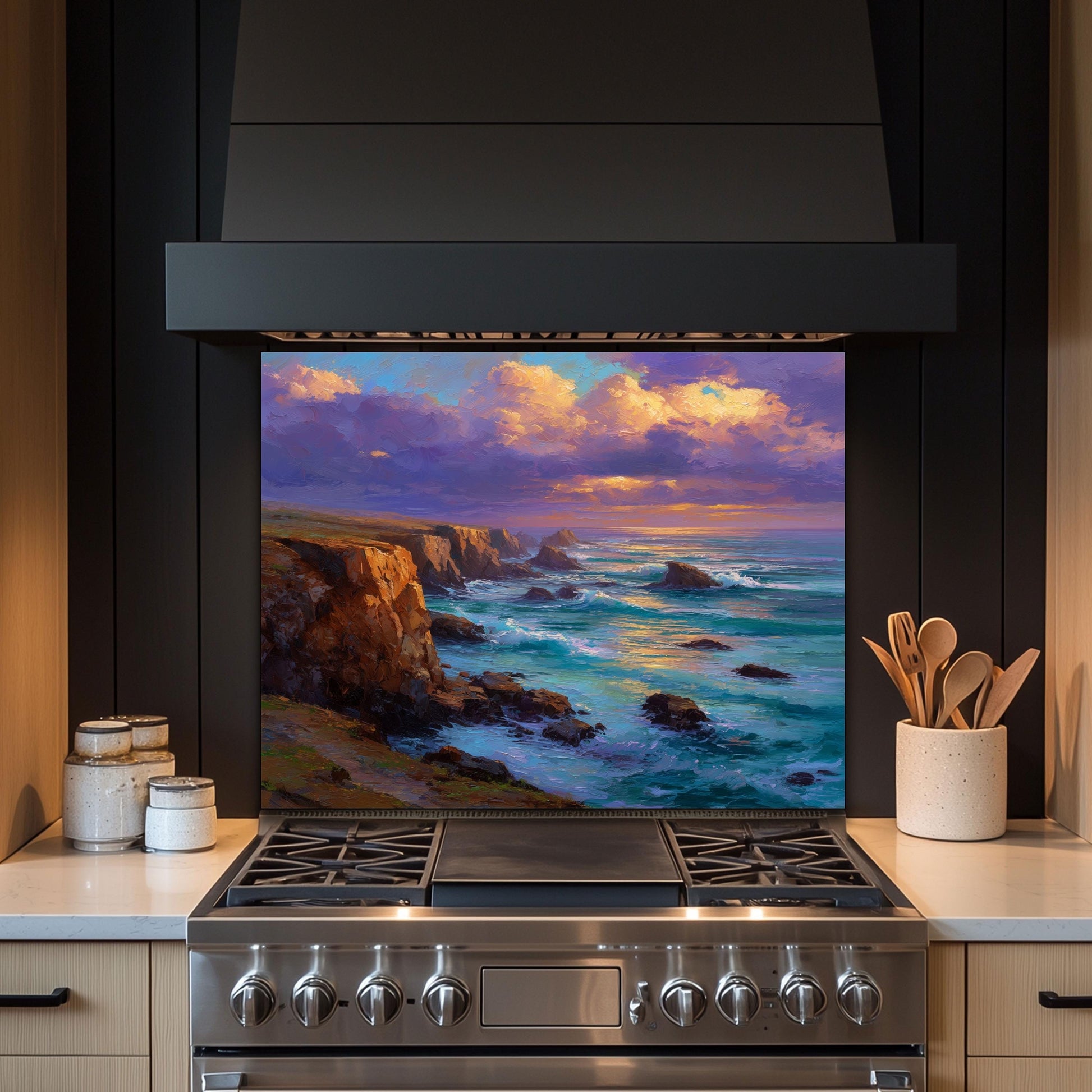 Coastal Sunset Ocean Wave Kitchen Backsplash, UV Printed Tempered Glass, Custom Size Design