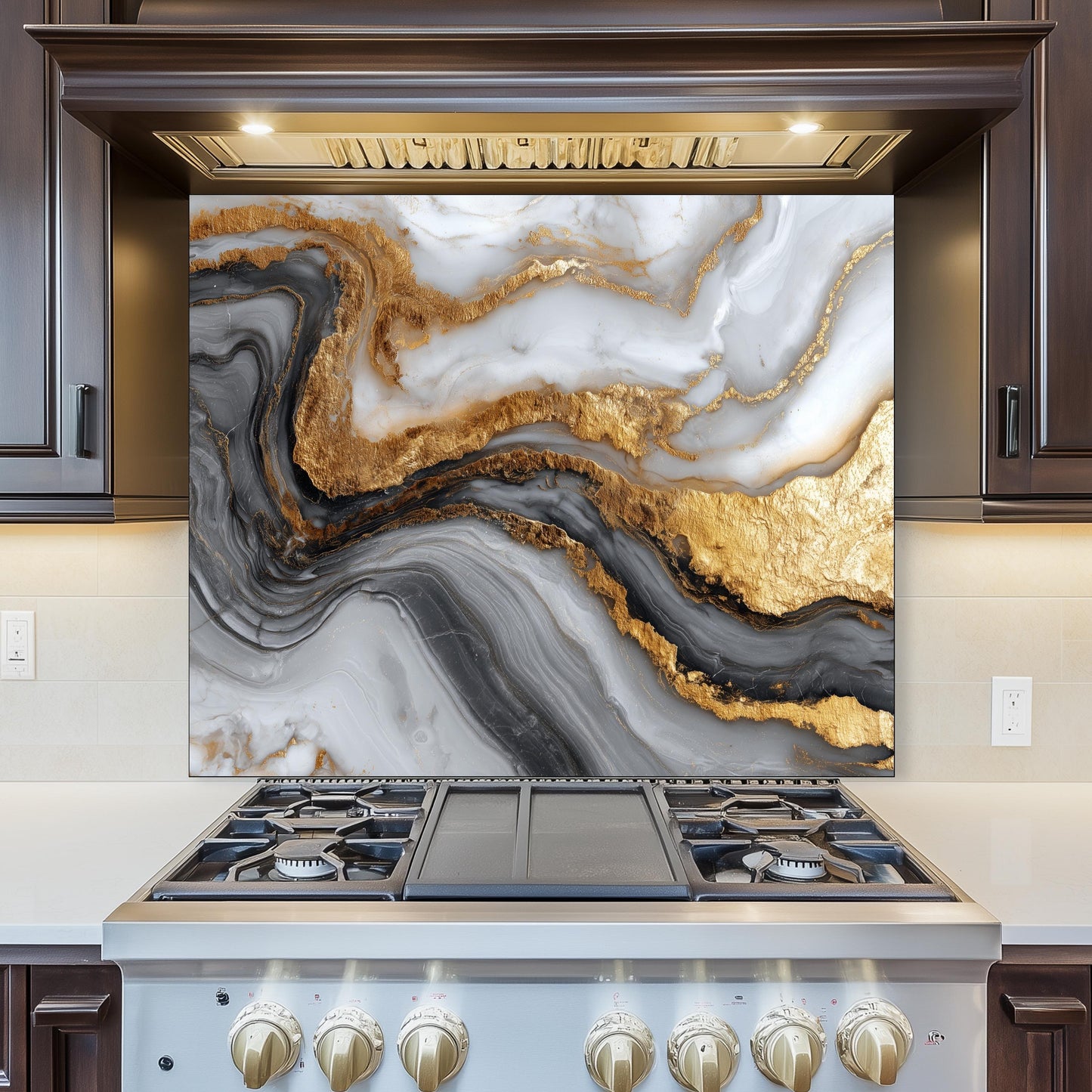 Gold Veined Marble Kitchen Backsplash, Luxury UV Printed Tempered Glass, Custom Size Design