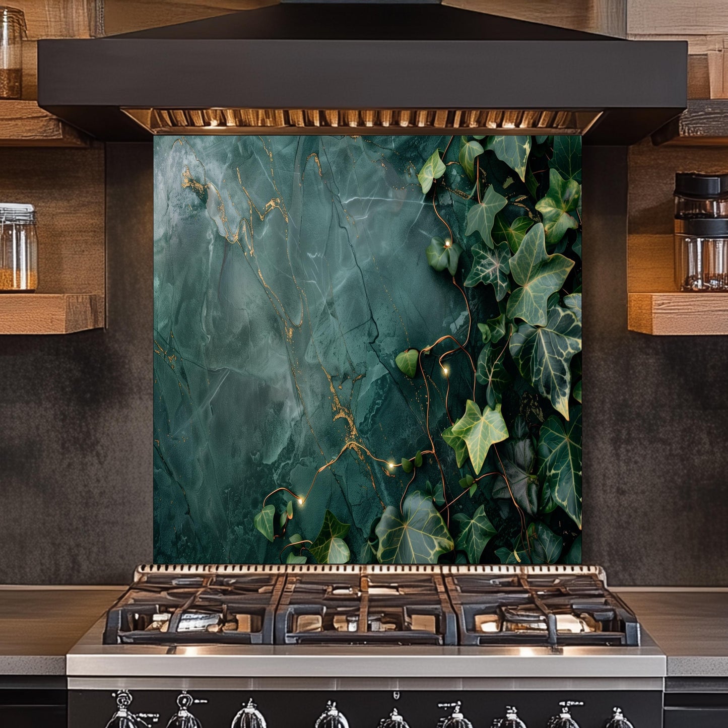 Emerald Green Marble ,Ivy Kitchen Backsplash – Tempered Glass Splashback with Gold Veins , Botanical Design
