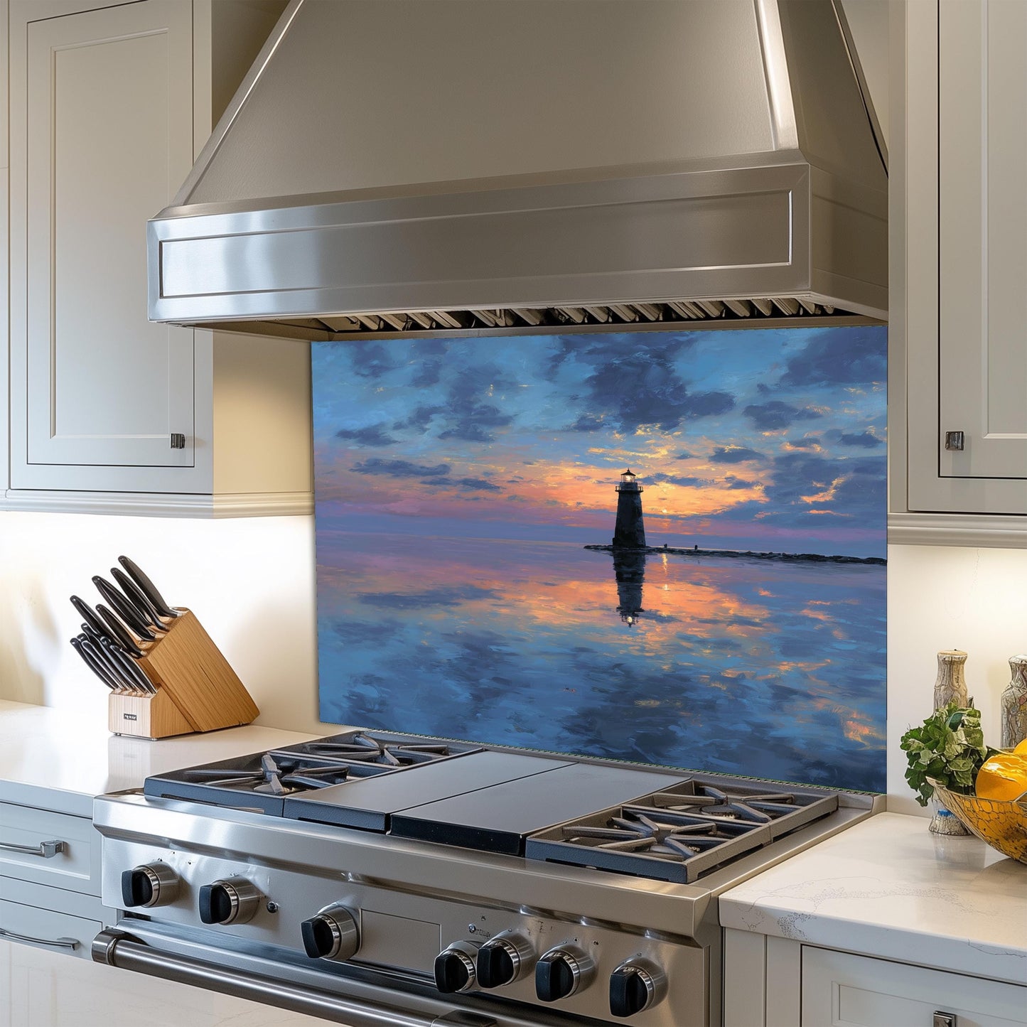 Calm Sunset Lighthouse Tempered Glass Backsplash - Coastal Nautical Stove Wall Protector - Ocean Splashback Kitchen Art