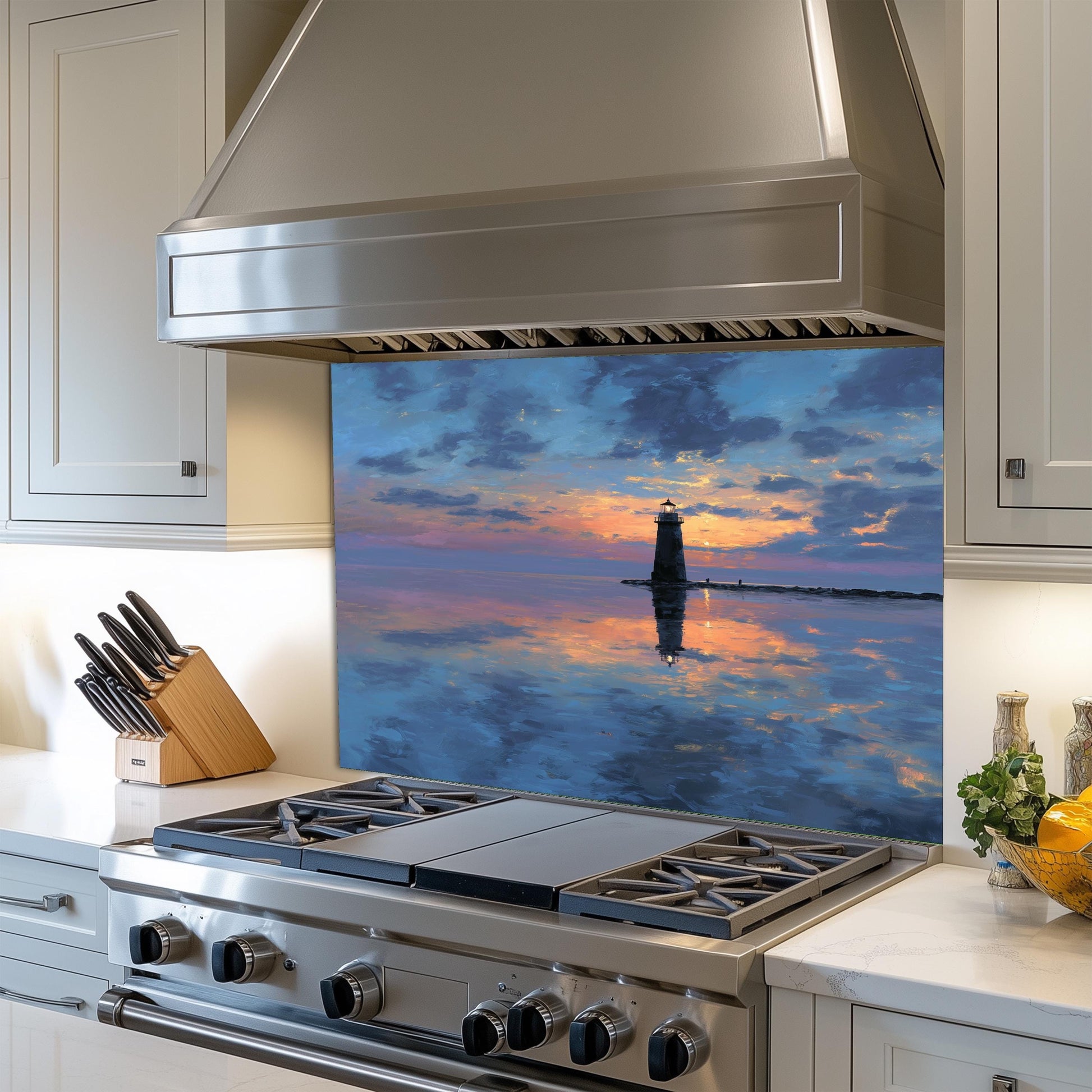 Calm Sunset Lighthouse Tempered Glass Backsplash - Coastal Nautical Stove Wall Protector - Ocean Splashback Kitchen Art