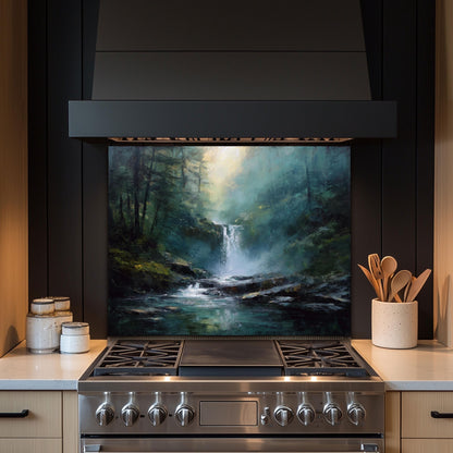 Waterfall Forest Kitchen Backsplash, Nature Landscape Tempered Glass Art, Custom Size Design
