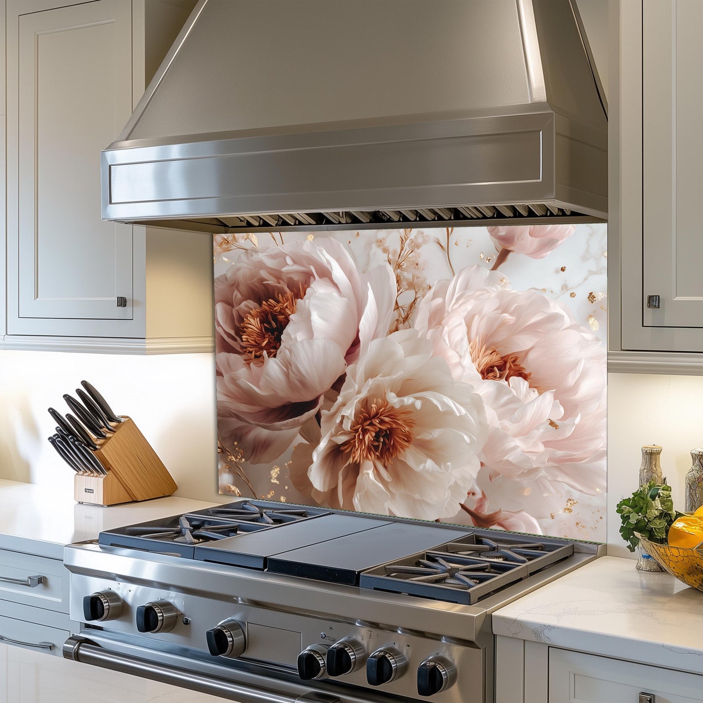 White Peony Floral Kitchen Backsplash, UV Printed Tempered Glass Art, Custom Size Design