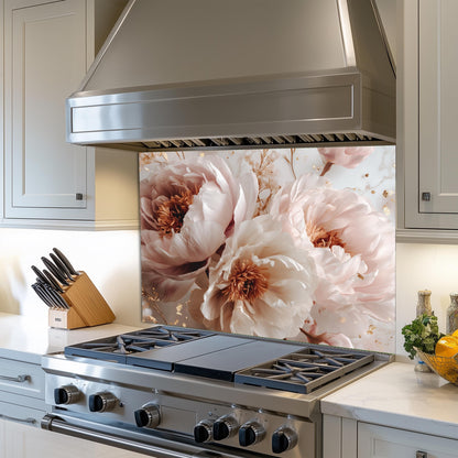 White Peony Floral Kitchen Backsplash, UV Printed Tempered Glass Art, Custom Size Design