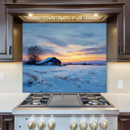 Winter Sunset Cabin Kitchen Backsplash - Tempered Glass Splashback for Stove - Snow Landscape Wall Panel -Glass Backsplash