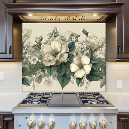 Ivory Floral Kitchen Backsplash, UV Printed Tempered Glass Wall Art, Custom Size Design