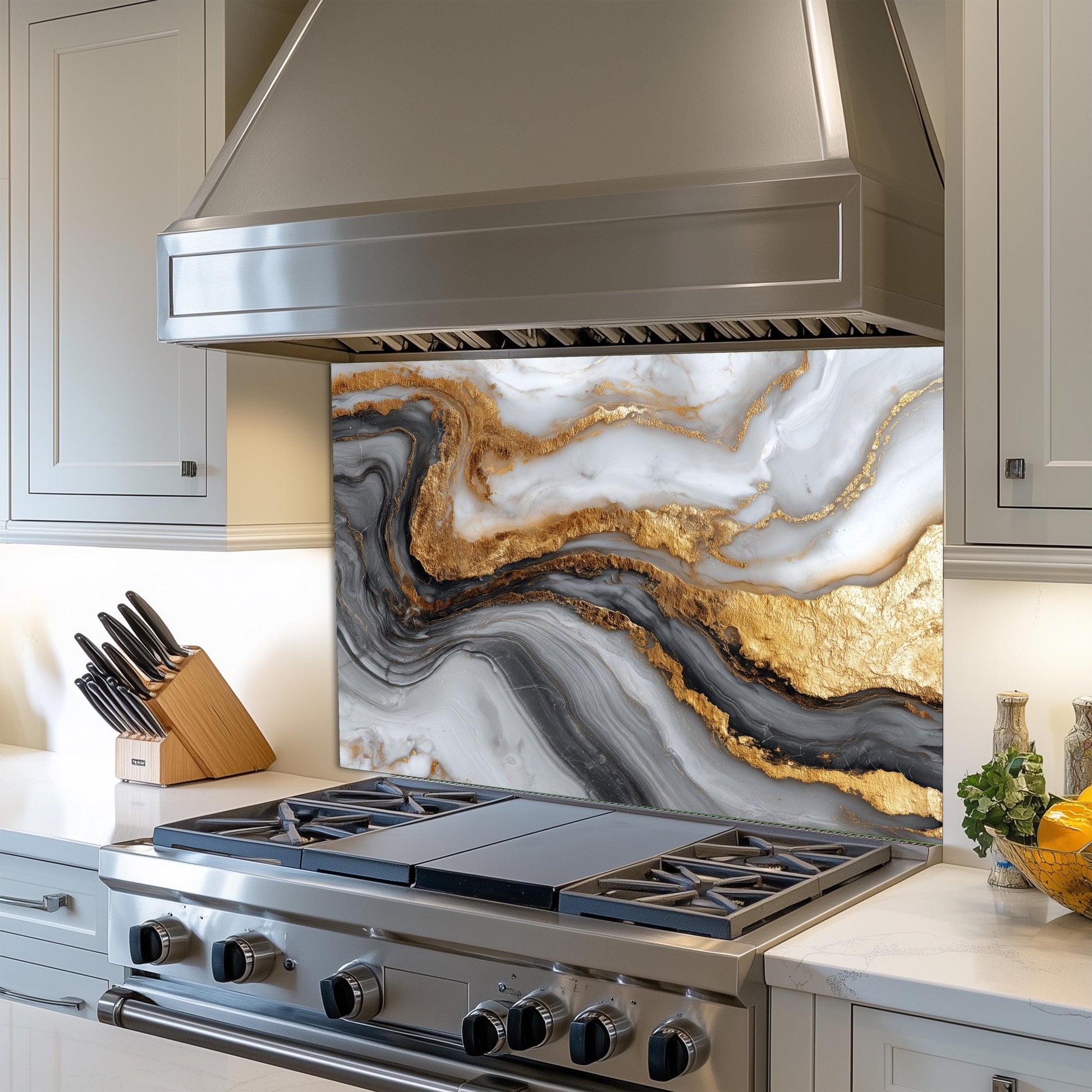 Gold Veined Marble Kitchen Backsplash, Luxury UV Printed Tempered Glass, Custom Size Design