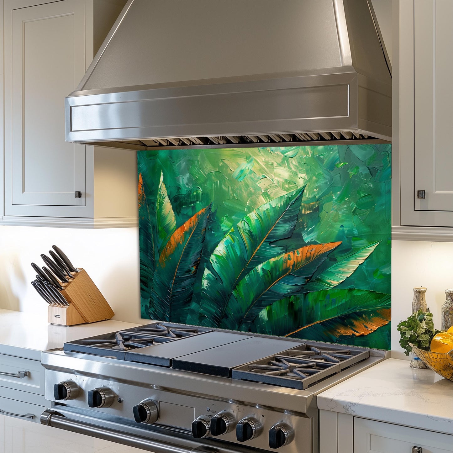 Tropical Jungle Leaf Kitchen Backsplash, UV Printed Tempered Glass Art, Custom Size Design