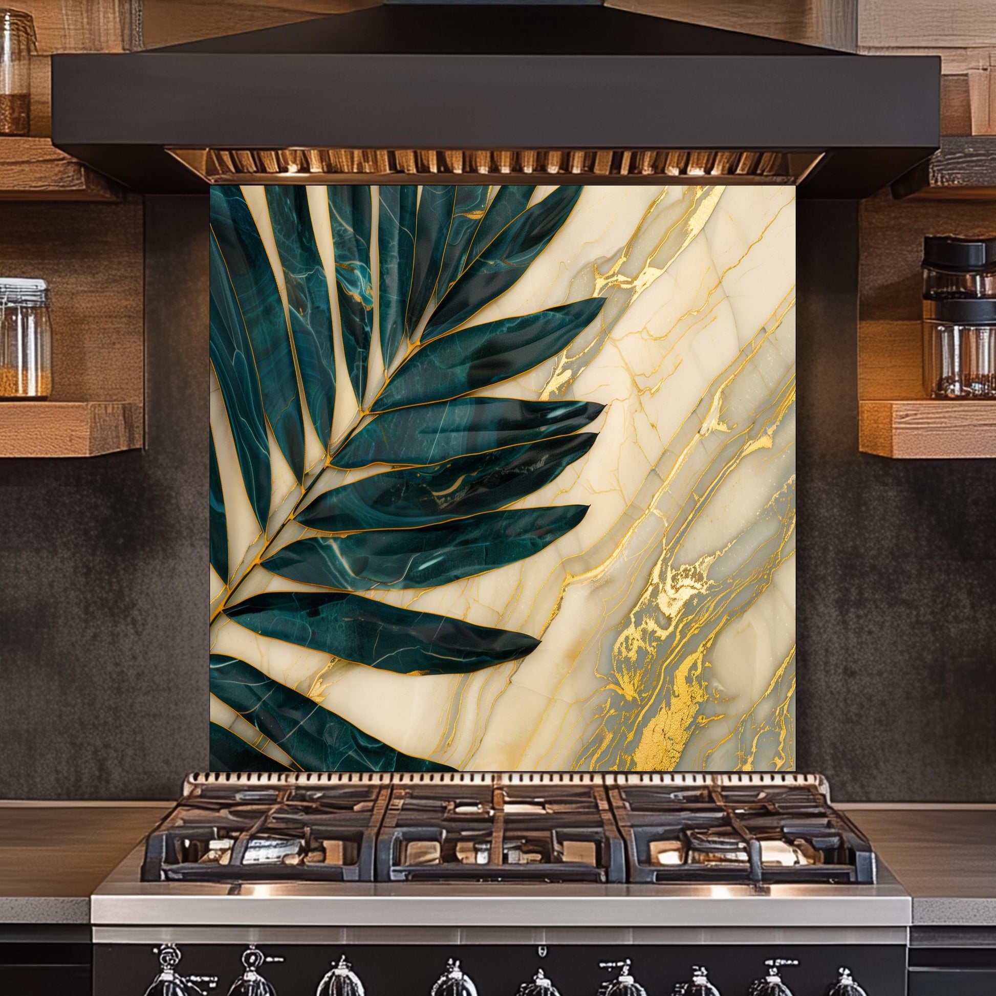 Green Palm Leaf Marble Glass Backsplash, Tropical Tempered Glass Art, Custom Size Design