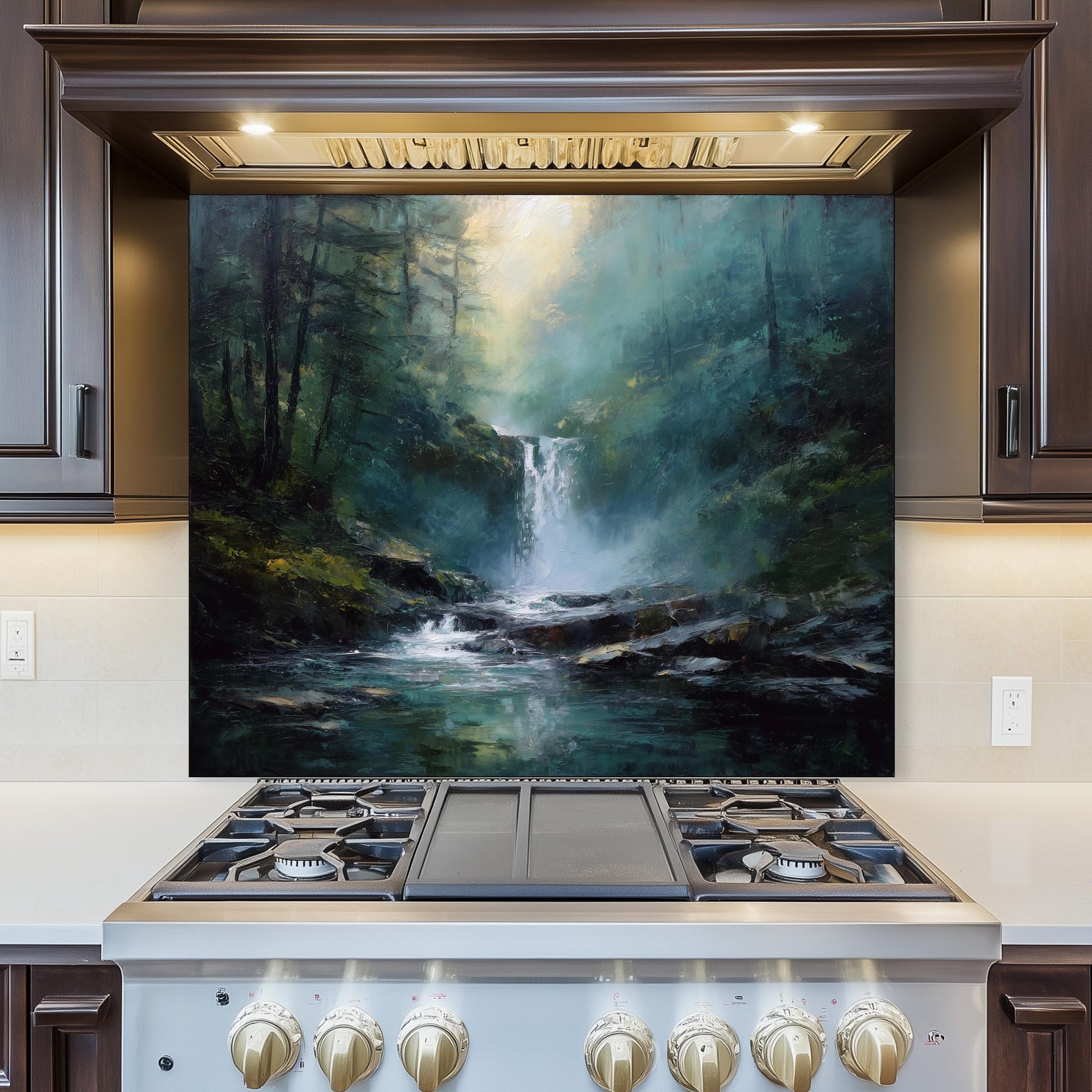 Waterfall Forest Kitchen Backsplash, Nature Landscape Tempered Glass Art, Custom Size Design