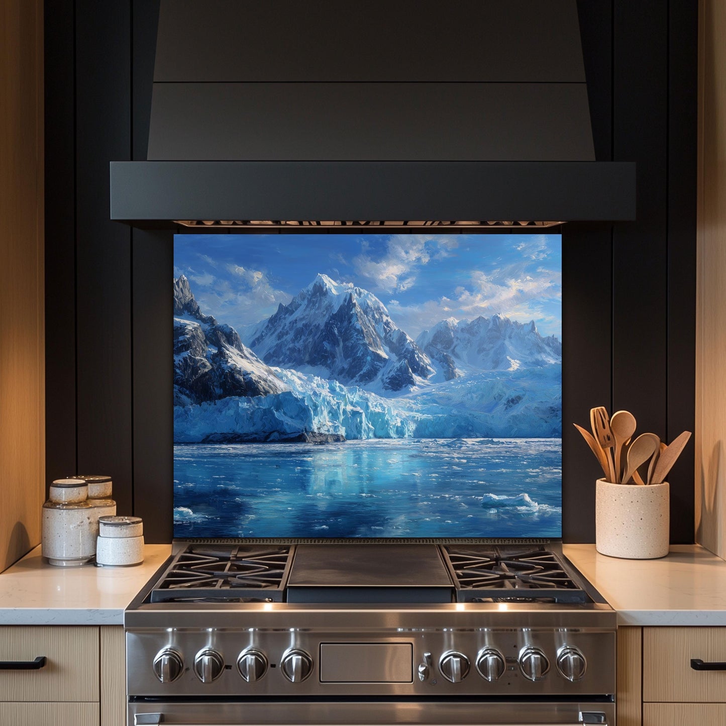 Arctic Mountain Glacier Kitchen Backsplash, UV Printed Tempered Glass, Custom Size Design