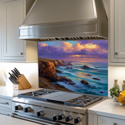 Coastal Sunset Ocean Wave Kitchen Backsplash, UV Printed Tempered Glass, Custom Size Design