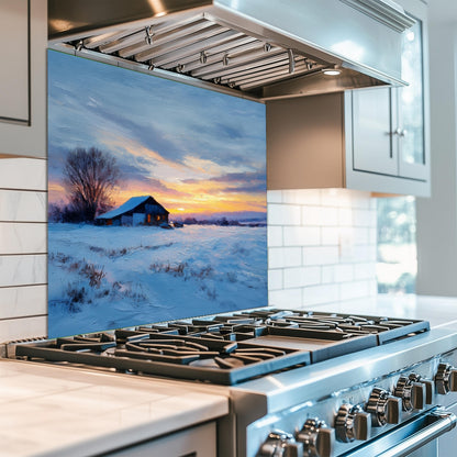 Winter Sunset Cabin Kitchen Backsplash - Tempered Glass Splashback for Stove - Snow Landscape Wall Panel -Glass Backsplash