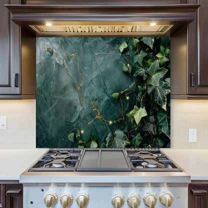 Emerald Green Marble ,Ivy Kitchen Backsplash – Tempered Glass Splashback with Gold Veins , Botanical Design