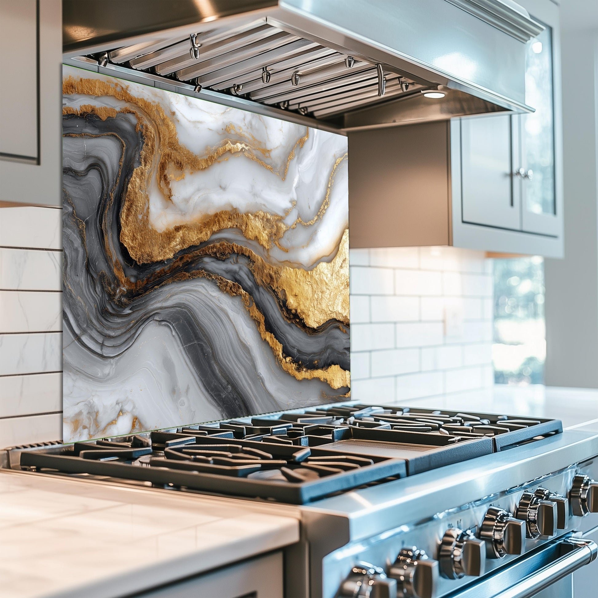 Gold Veined Marble Kitchen Backsplash, Luxury UV Printed Tempered Glass, Custom Size Design