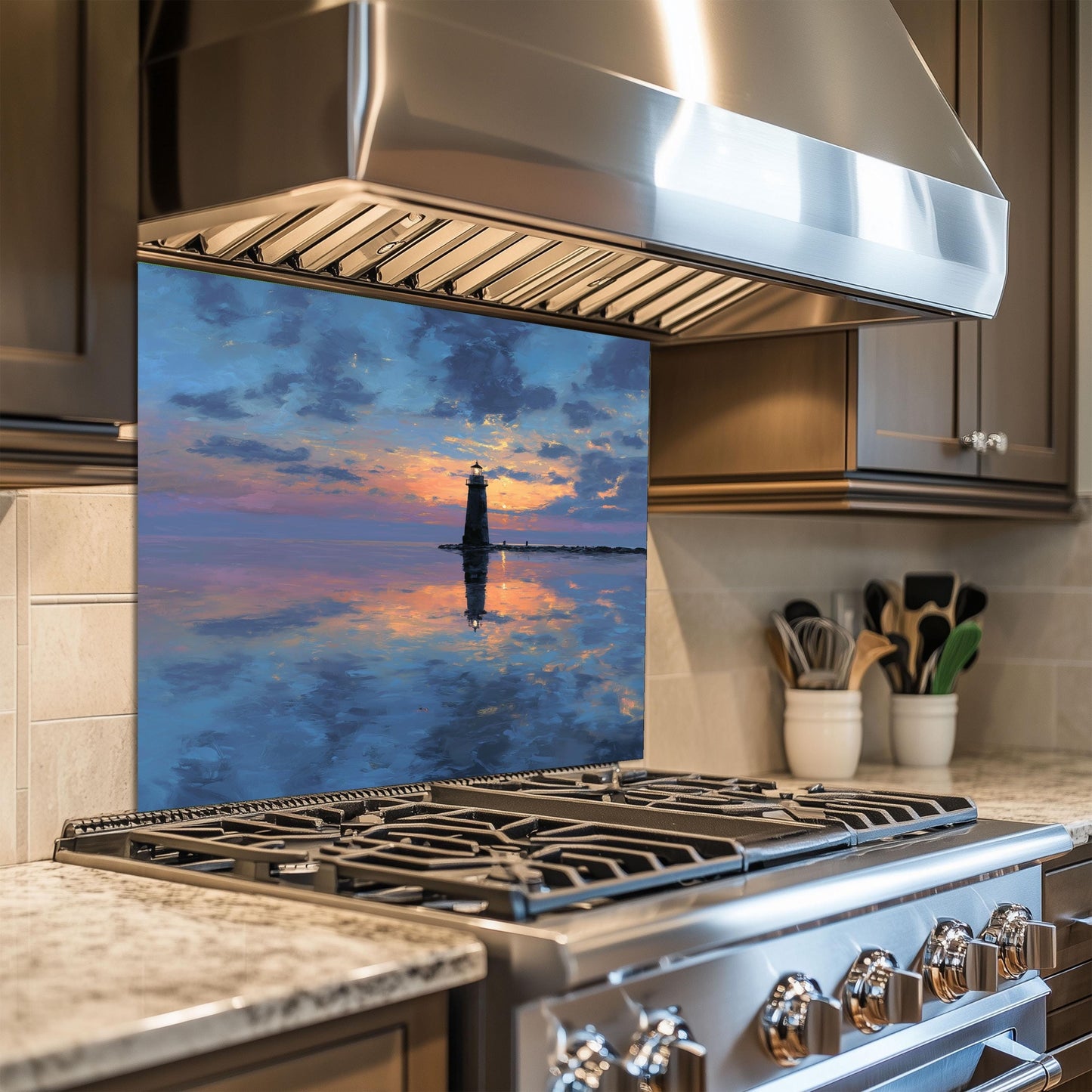 Calm Sunset Lighthouse Tempered Glass Backsplash - Coastal Nautical Stove Wall Protector - Ocean Splashback Kitchen Art