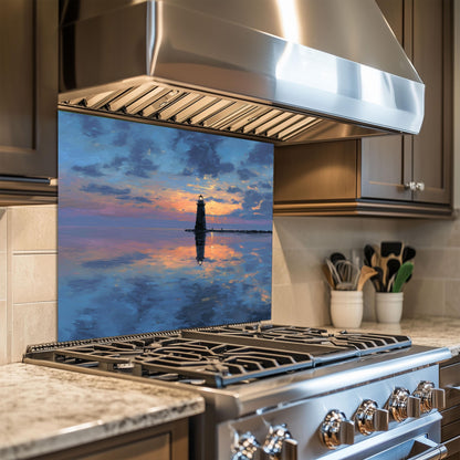Calm Sunset Lighthouse Tempered Glass Backsplash - Coastal Nautical Stove Wall Protector - Ocean Splashback Kitchen Art