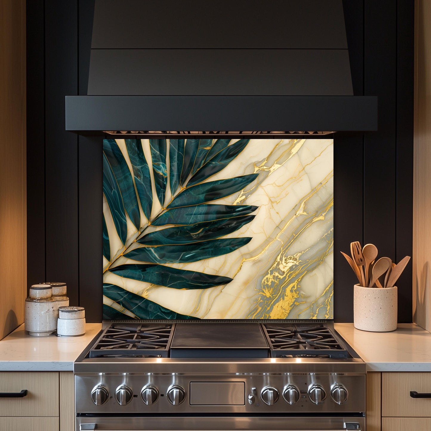 Green Palm Leaf Marble Glass Backsplash, Tropical Tempered Glass Art, Custom Size Design